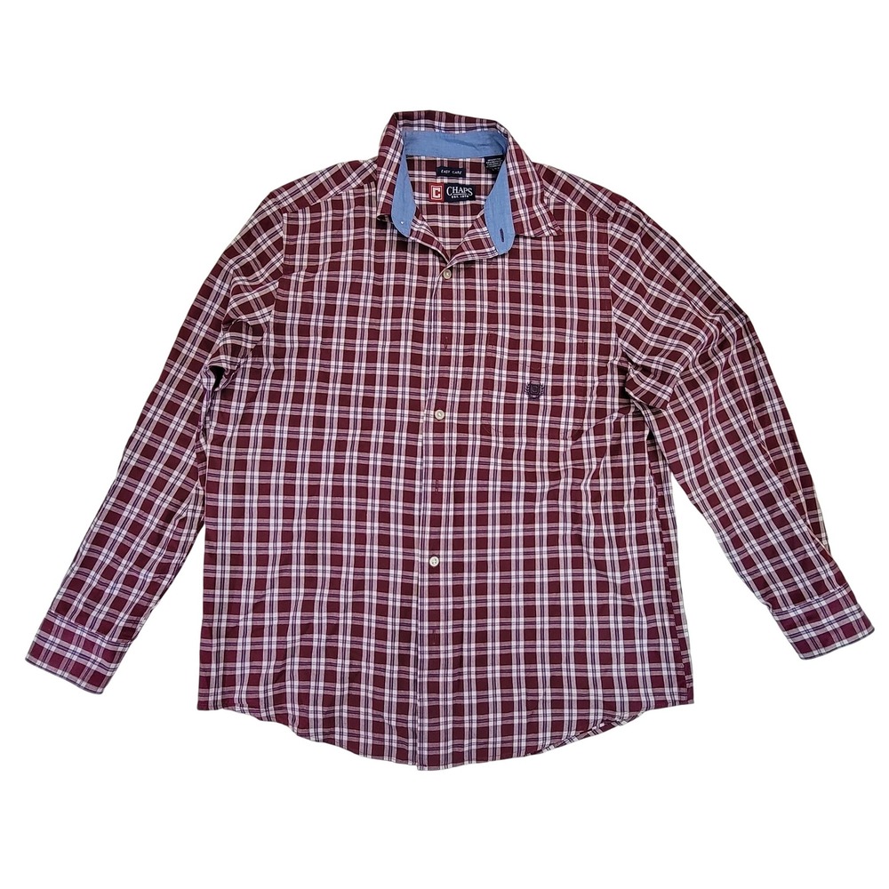 Chaps Mens Plaid Button Down Shirt Long Sleeve Easy Care Burgundy White Size M